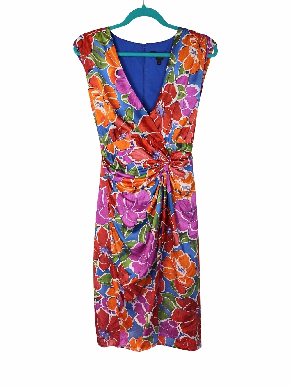 NWT Maggy London Floral Dress Size 6 Blue Pink Ruched Waist Sheath